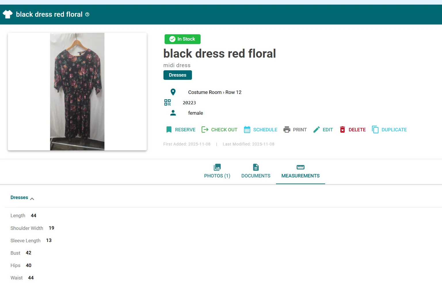 Costume measurements detail view