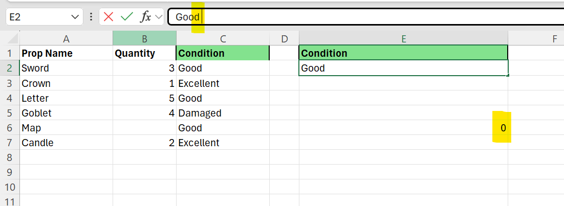 The same formula and data, but cell E2 now contains "Good " with a trailing space, and the result has silently dropped to 0