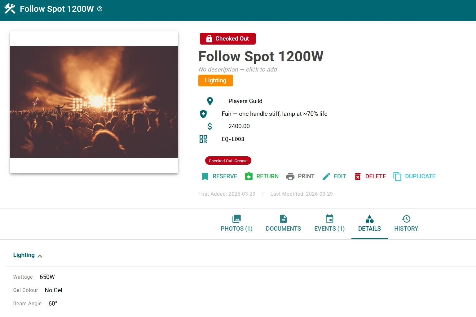 Equipment item detail showing technical attributes and condition