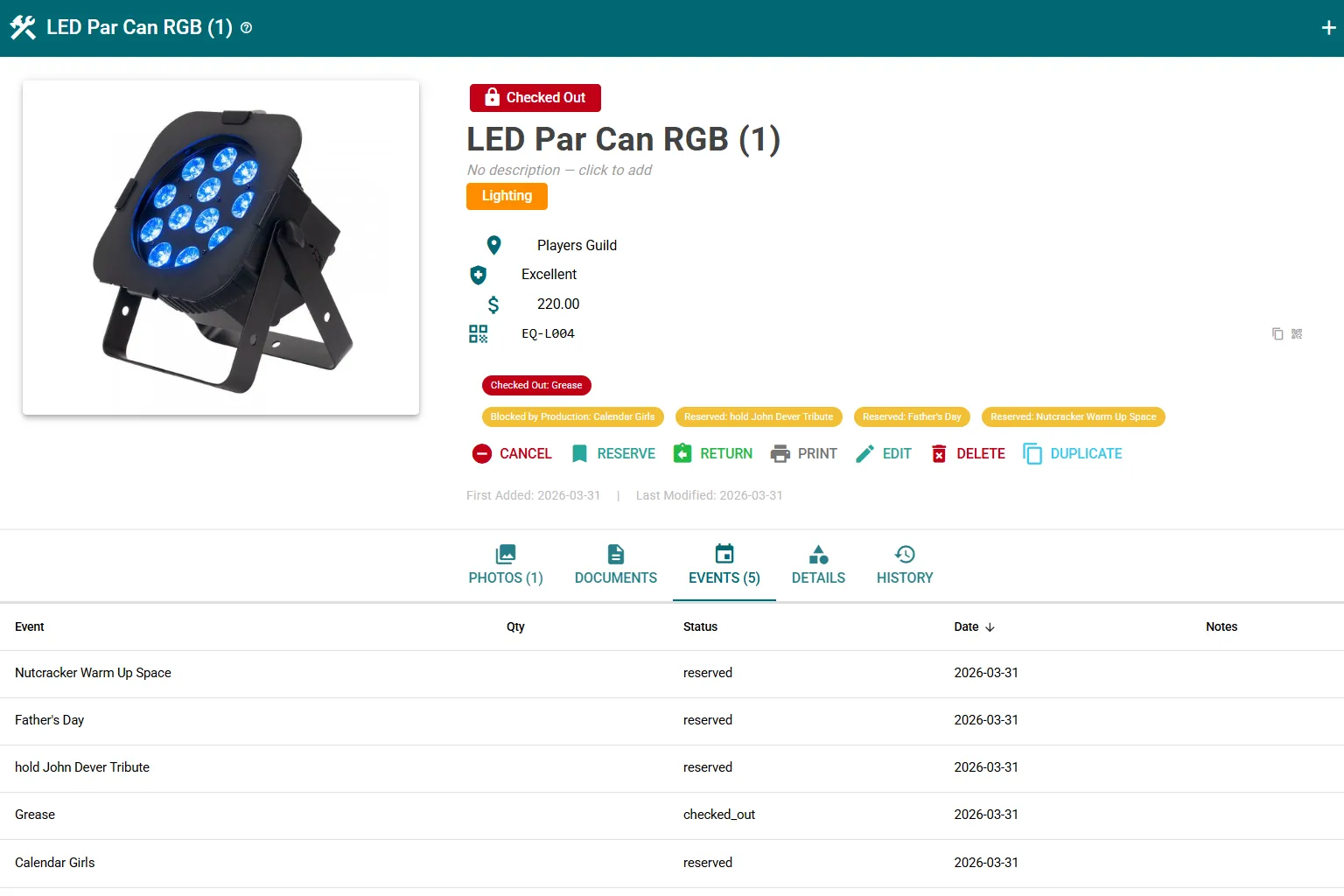 Equipment item showing production and event assignments