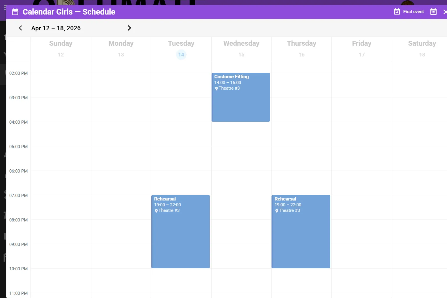 Events and rehearsal calendar