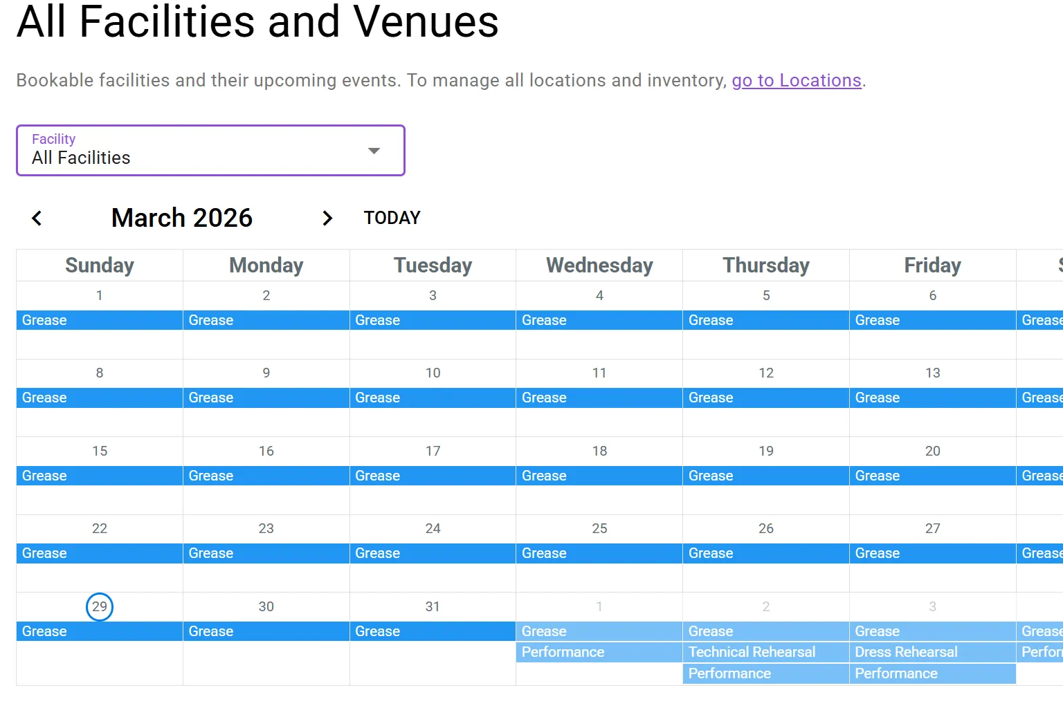 All facilities and venues calendar showing scheduled events