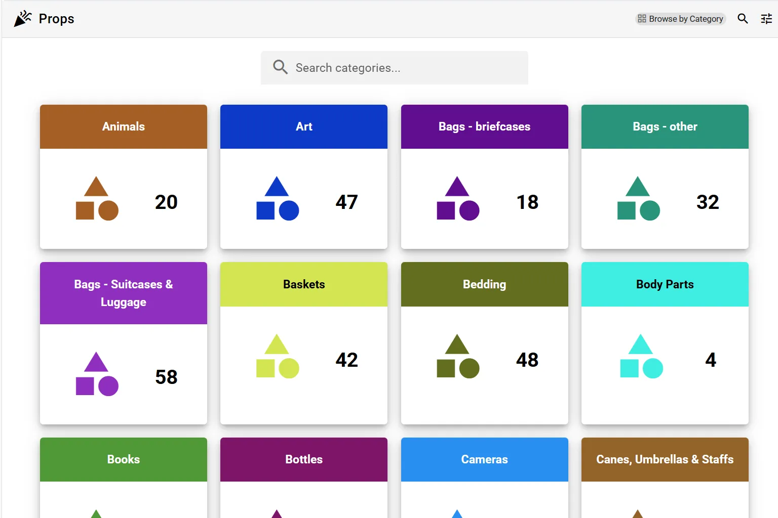 Props inventory list view showing categorized items with status badges