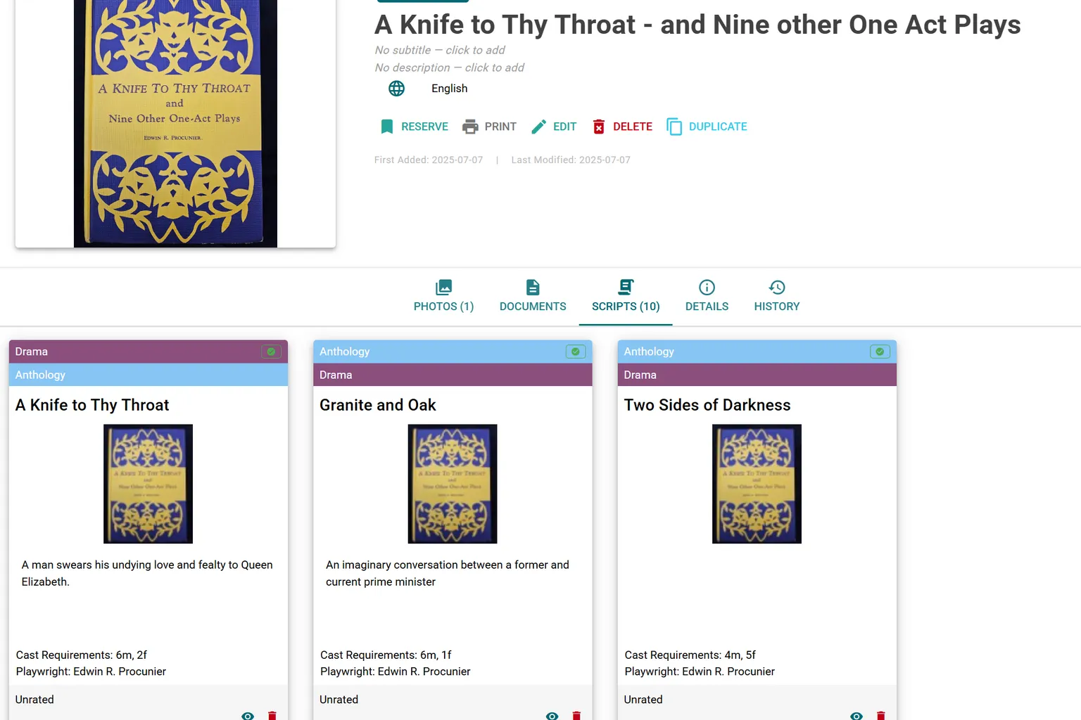 Script anthology grouping view